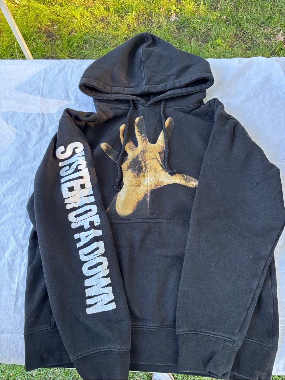 Black Pullover Hoodie with System of a Down Hand Logo Graphic